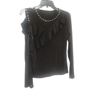 Rhinestones Glitter Sheer Long Sleeves Ruffle Trim Cut Out Top M